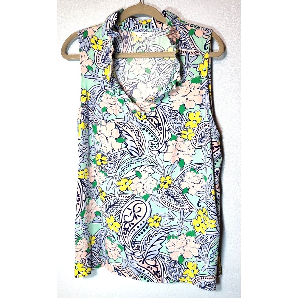 Crown & Ivy Blue/Pink Floral Sleeveless Ruffle Neck Rayon Top Sz XL Cottage Core